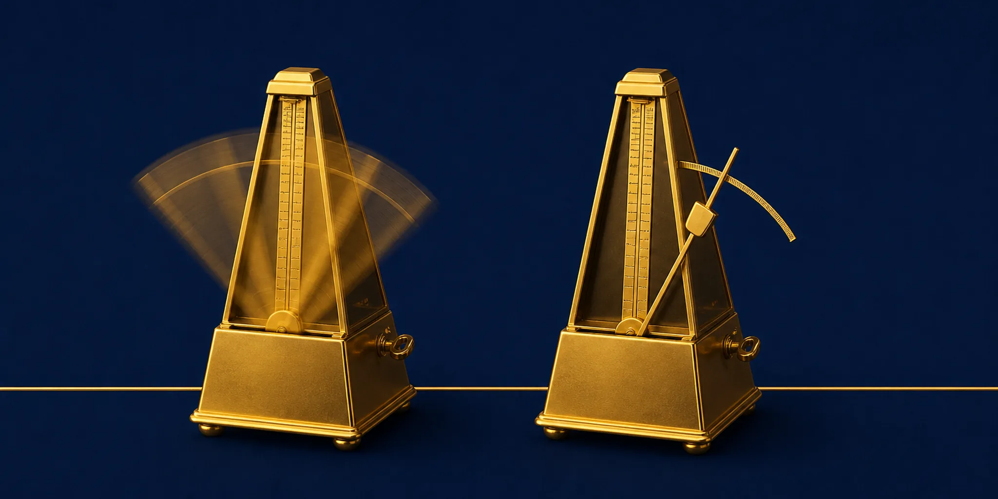 Two gold metronomes, one frantic and one steady, for a post on antidepressants for anxiety.