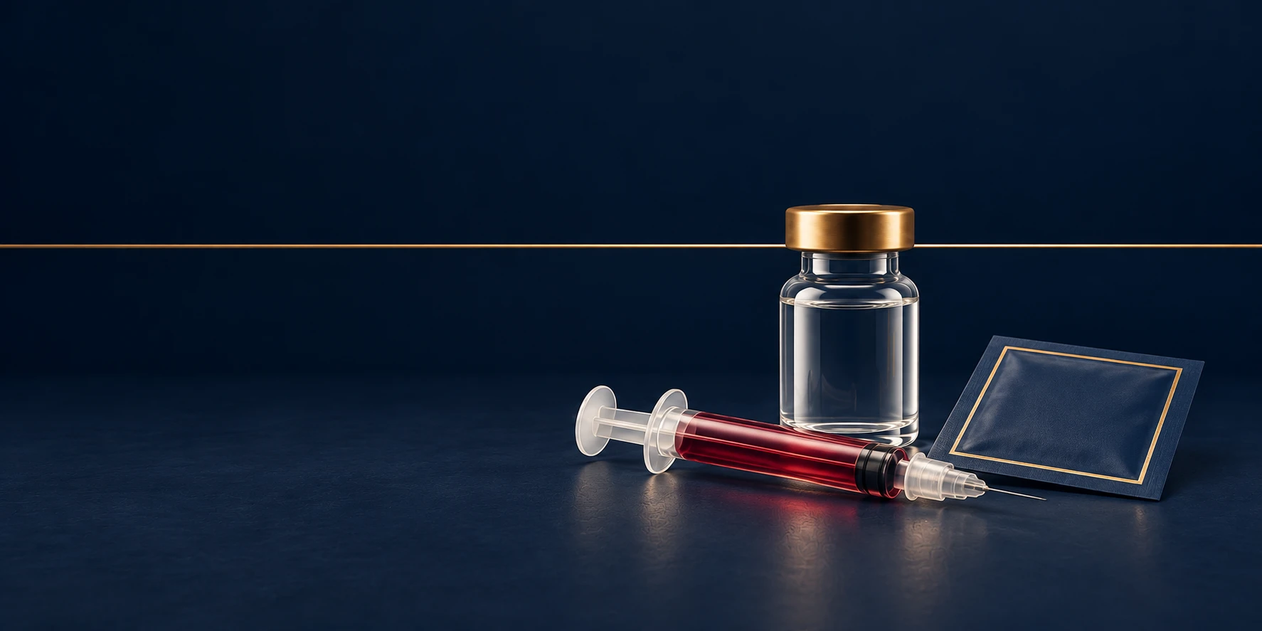 A gold-capped vial, a syringe with deep red liquid, and a blank alcohol swab packet on midnight navy with a thin gold horizon line.