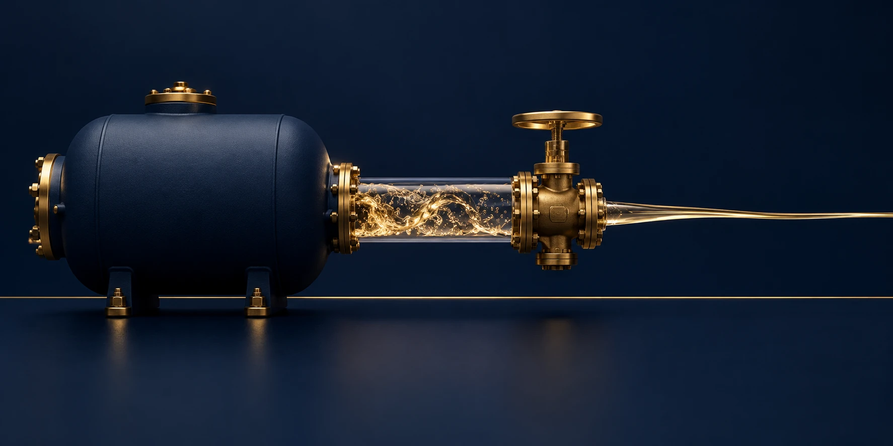 Midnight-navy still life with an antique-gold valve; turbulent gold flow settles into a calm stream along a thin gold horizon; metaphor for treating side effects while keeping a medication that works; no people or text.