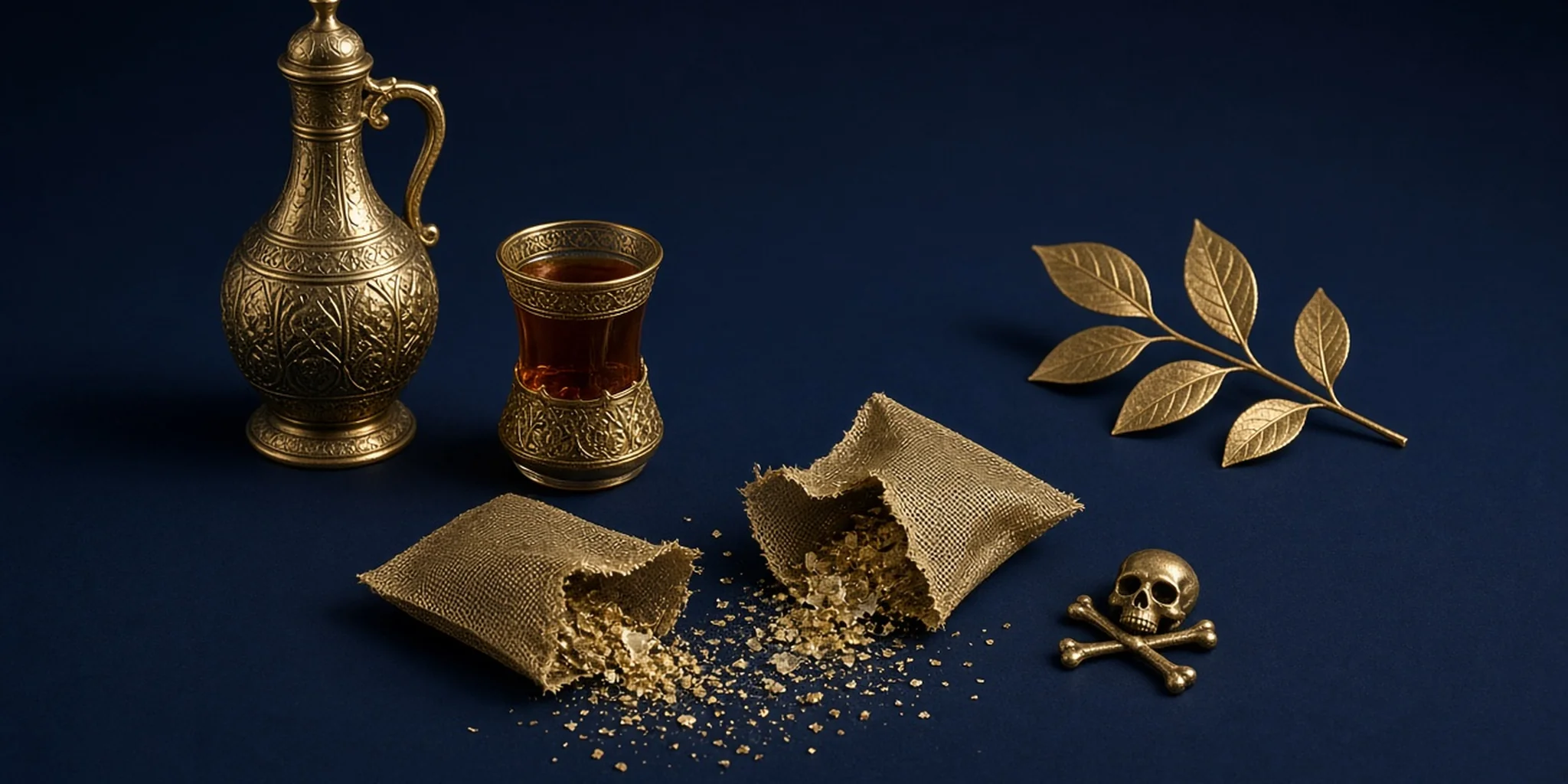 Used tea bag releasing fine gold flecks into a glass of tea on a navy surface.