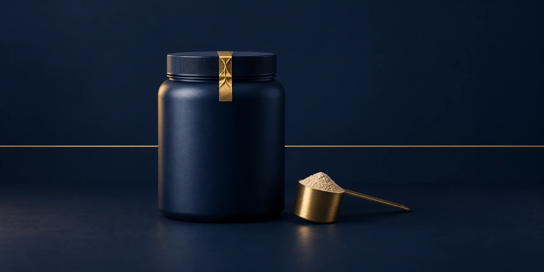 A midnight-navy protein tub with an antique-gold seal and a gold scoop beside a thin gold horizon.