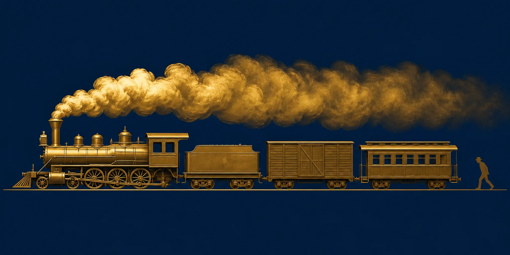 A slow steam train on navy with a gold silhouette lagging behind, illustrating sluggishness.