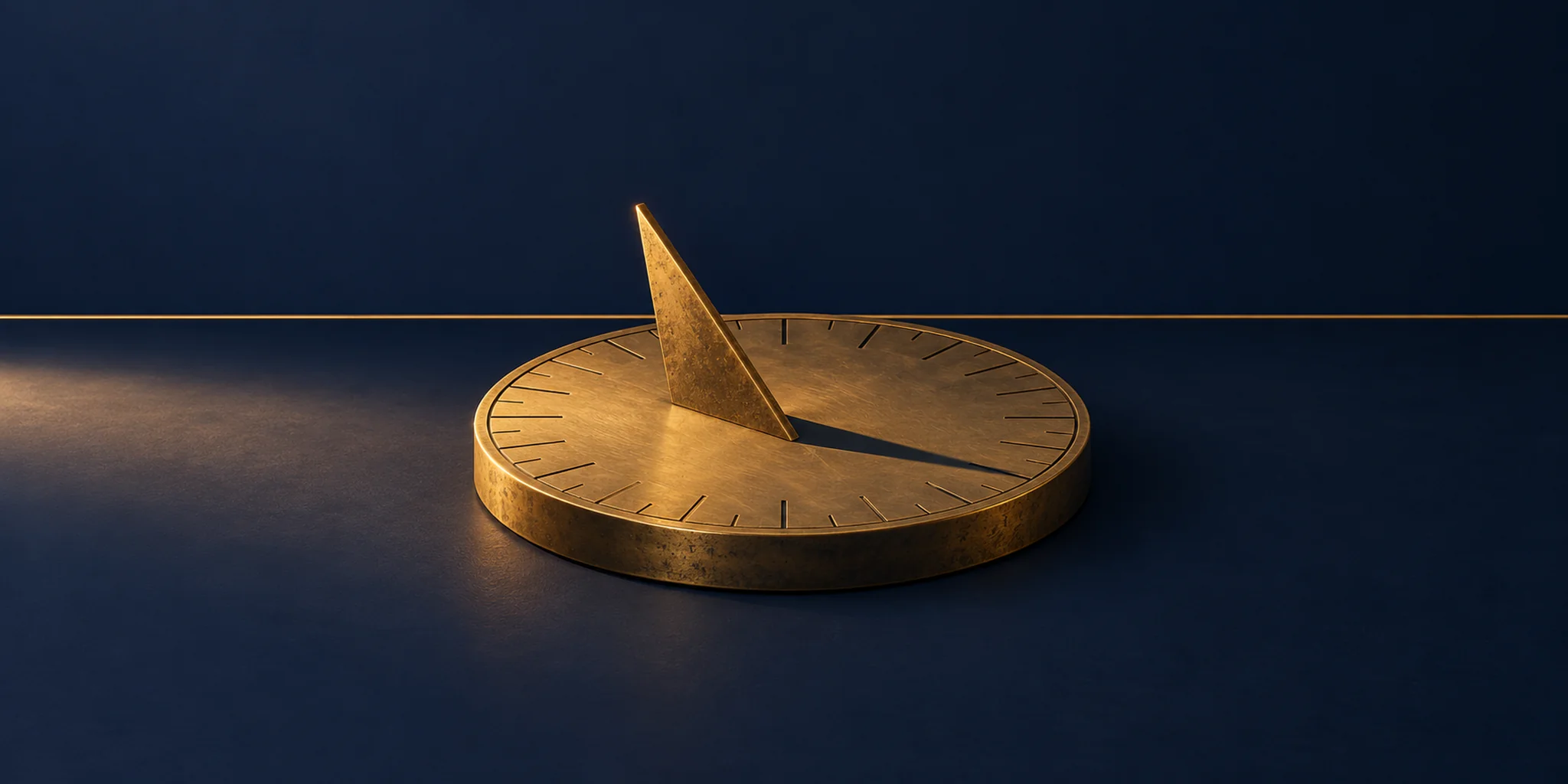 An antique gold sundial on a navy surface, lit by a low warm beam so its shadow falls across the dial, for a post on light therapy for seasonal depression.